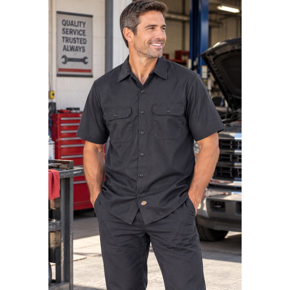 Dickies Mens Size Large Black Work Shirt Utility Uniform Top Buttons Durable